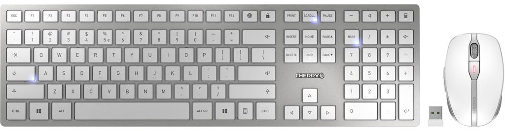 CHERRY DW 9100 SLIM - Tastatur-und-Maus-Set - kabellos - 2.4 GHz, Bluetooth 4.0 - US mit Euro-Symbol - weiß, Silber
