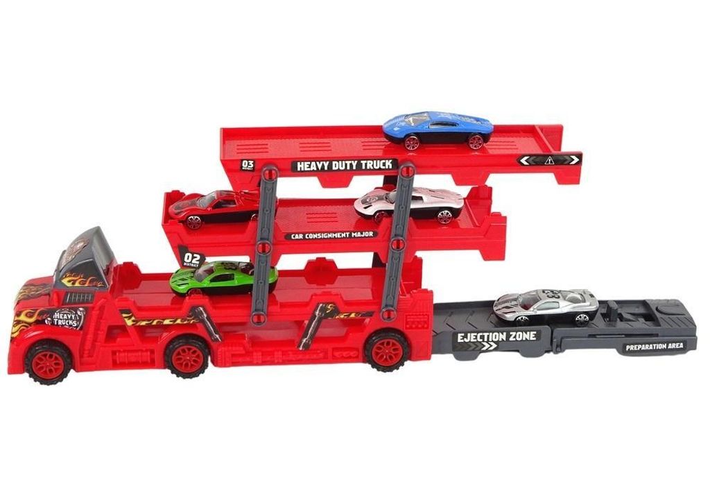 Lean Toys Großer 3-stöckiger LKW-Anhänger, Schwerlast-LKW mit ausziehbarer Auto-Startrampe