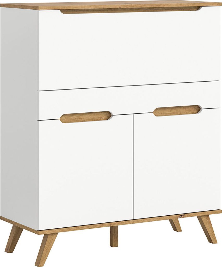 A white and wood cabinet with angled legs.