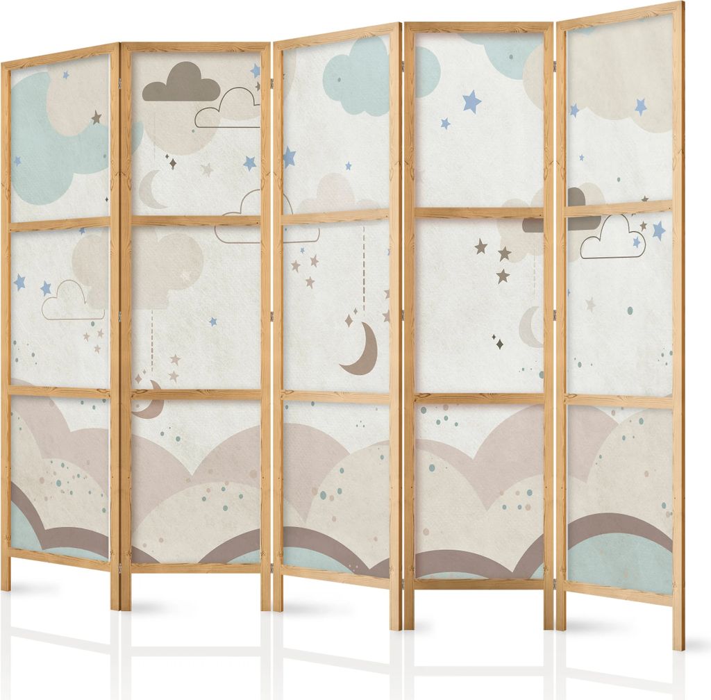 5-teiliger Einseitiger Vlies Japanischer Paravent - Cloudy Night Sky - Moons in browns and beiges among numerous clouds and stars on a light backgr...