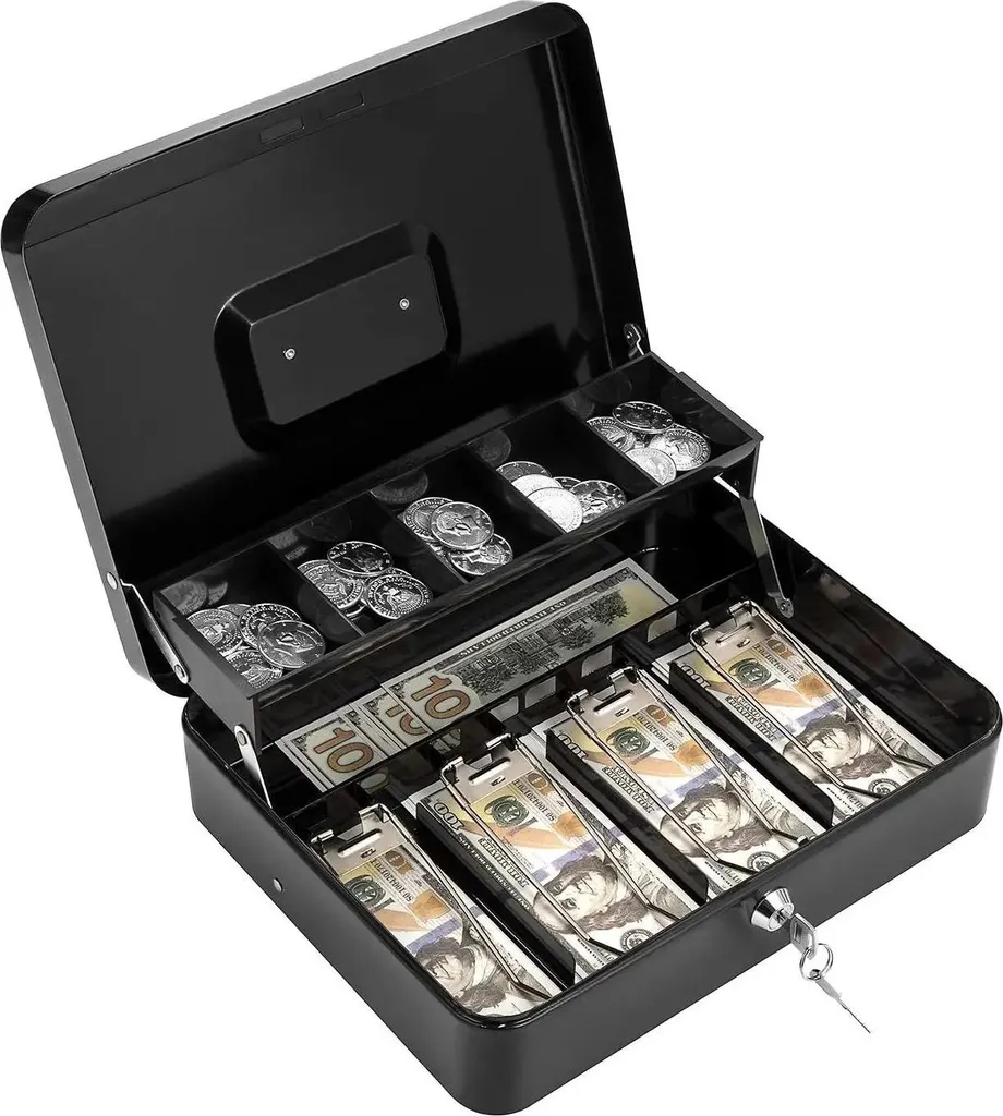 Caisse à billets avec pinces à ressort et 5 casiers à monnaie rabattables