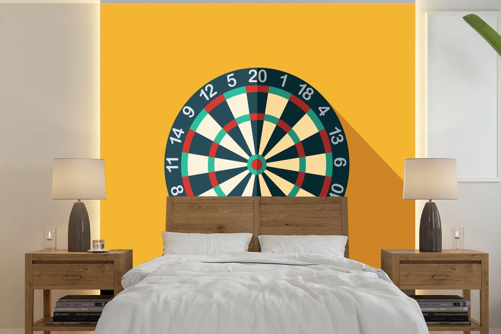 MuchoWow Fototapete für Wohnzimmer oder Schlafzimmer Wandtapete Vinyl Motivtapete Eine Illustration einer Dartscheibe an einer gelben Wand - 240...