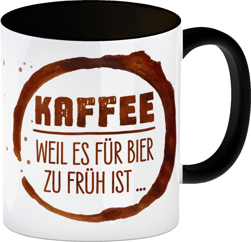 Kaffee weil es für Bier zu früh ist Kaffeebecher Henkel und Innenseite