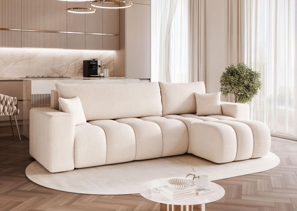 Idohome - Bubble Ecksofa OFI L Bouclé mit Schlaffunktion, Bettkasten modernes, Wohnzimmercouch - Farbe: Creme Centaur 01