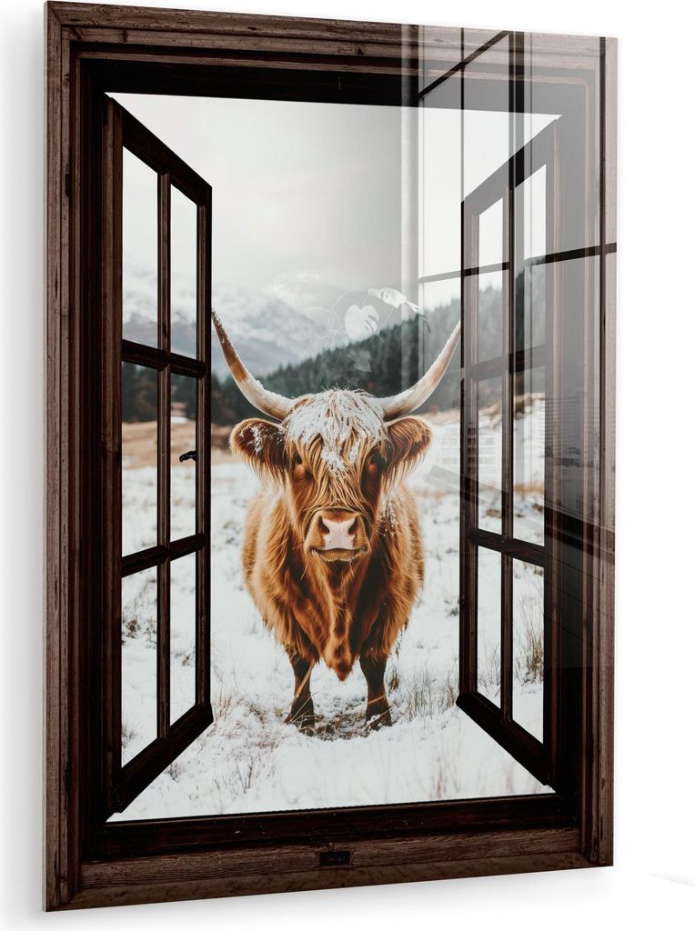 MuchoWow Glasbilder - Bilder auf Wandbild - Foto auf Glas Schottische Hochlandrind - Landschaft - Ländlich - Berge - Winter - Aussicht - Dunkelhei...