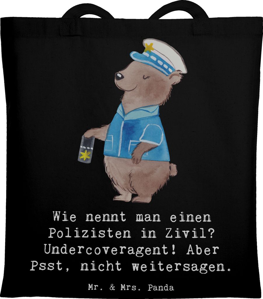 Mr. & Mrs. Panda Baumwolltasche Geheimer Polizist - Schwarz - Geschenk, Schultasche, handgefertigte Geschenke, Sprichwort, Sicherheit, Beruf, Juteb...