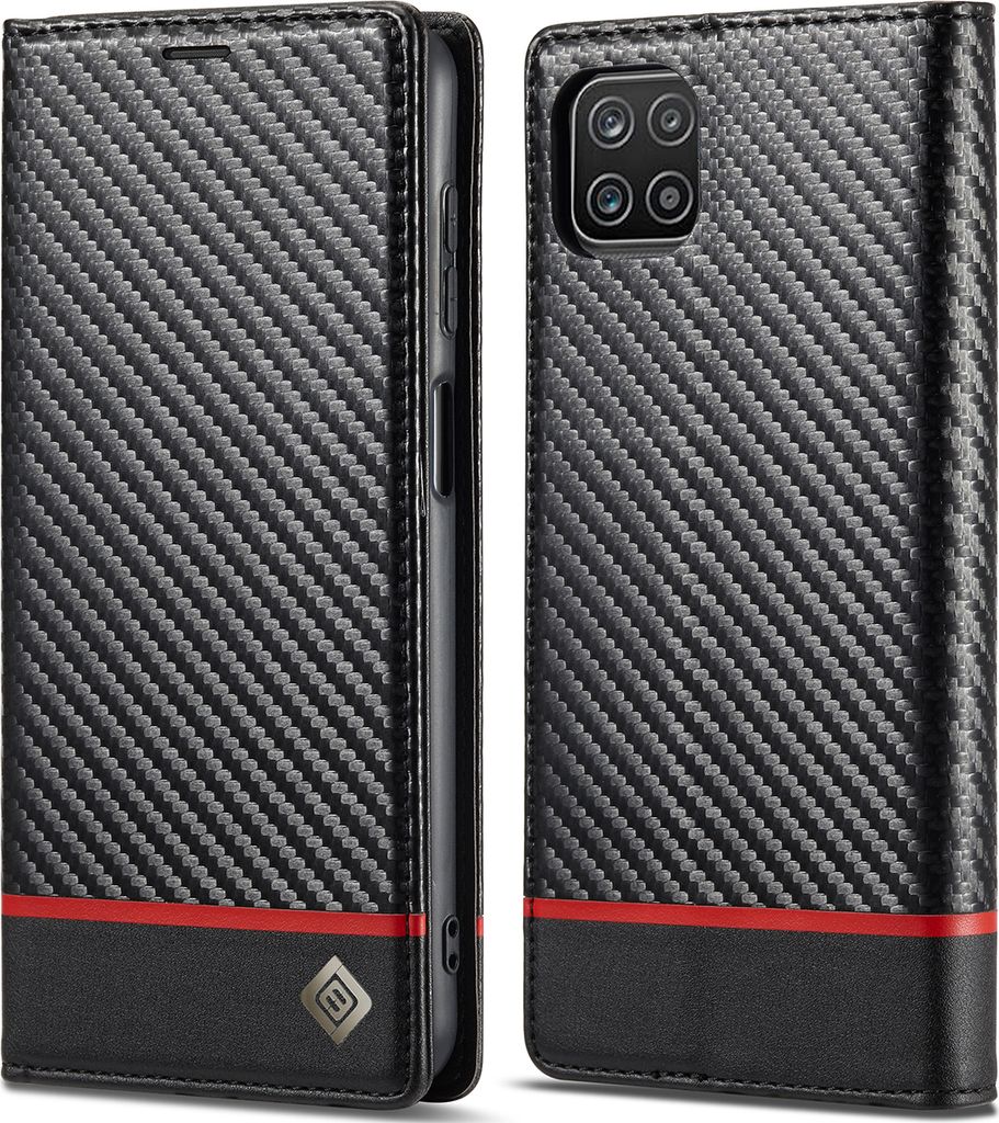 Hülle für Samsung Galaxy A22 5G Kohlefaser Leder Brieftasche Schutzhülle mit Standfunktion Schwarz Horizontal Rot