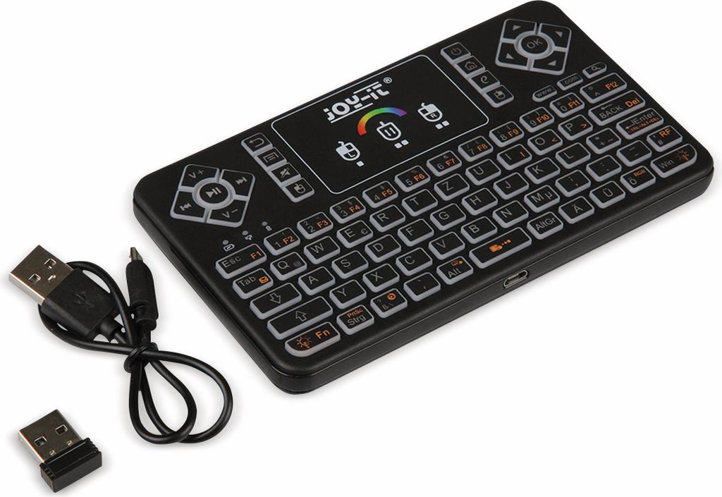 A black wireless keyboard with a touchpad and USB cable and receiver on a white background.