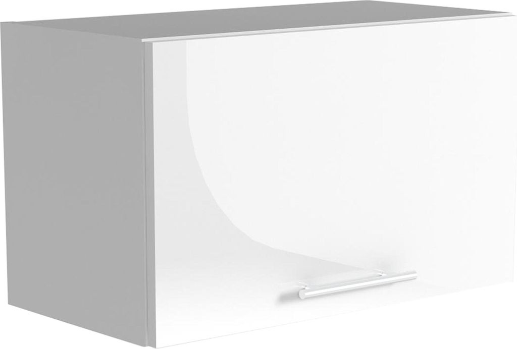 A white kitchen cabinet with a handle.