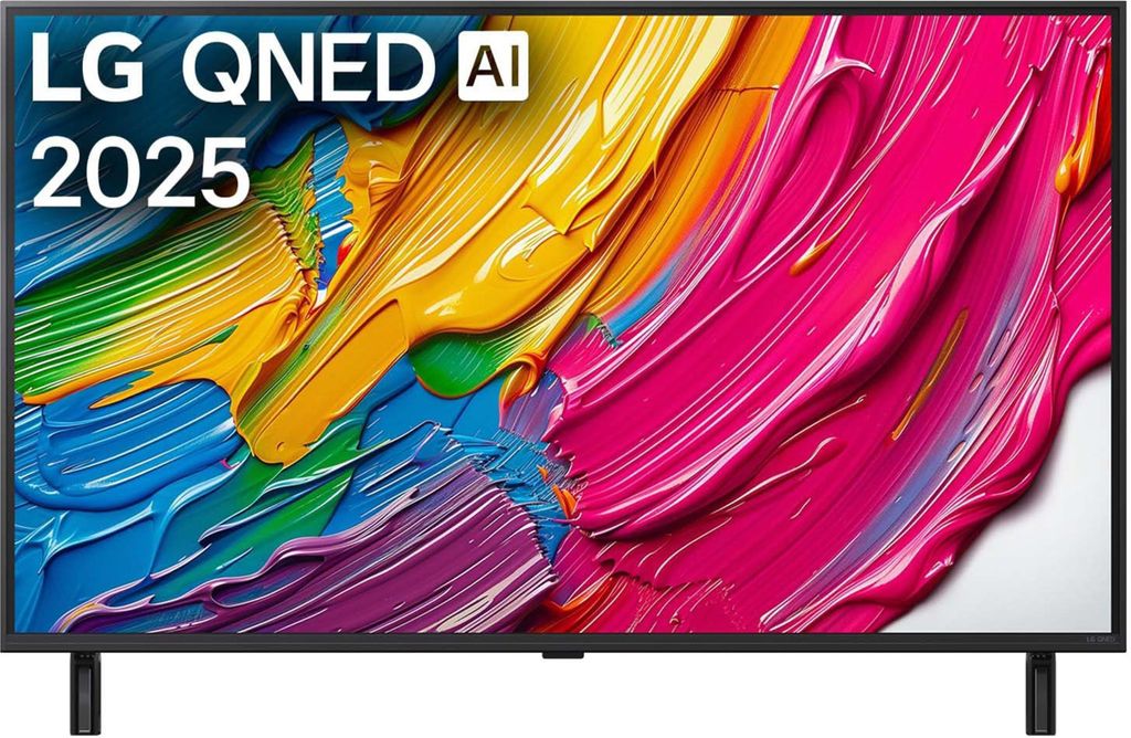 A television screen displaying a colorful abstract image with text overlay.