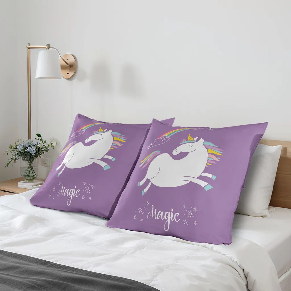 ABAKUHAUS Unicorno Federe Cuscini Set di 2, Unicorn Fairies Stampa, Stampa Digitale Fronte-retro con Accento Moderno, 45 x 45 cm, Verde Giallo