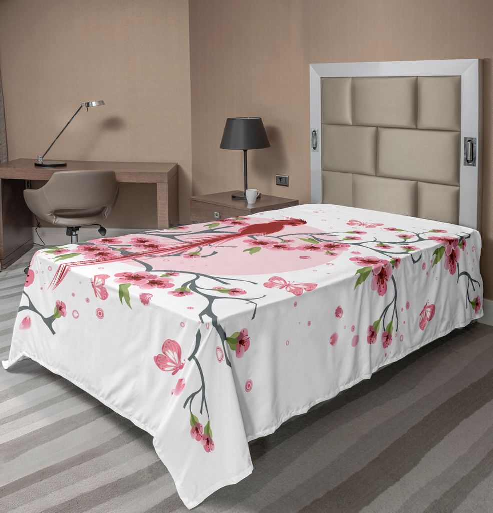 ABAKUHAUS japanisch Bettlaken, Mythischer Legendärer Langer Lebender Phoenix Vogel Auf Blumensakura Zweig Grafik, weiches bequemes oberes Bettlake...