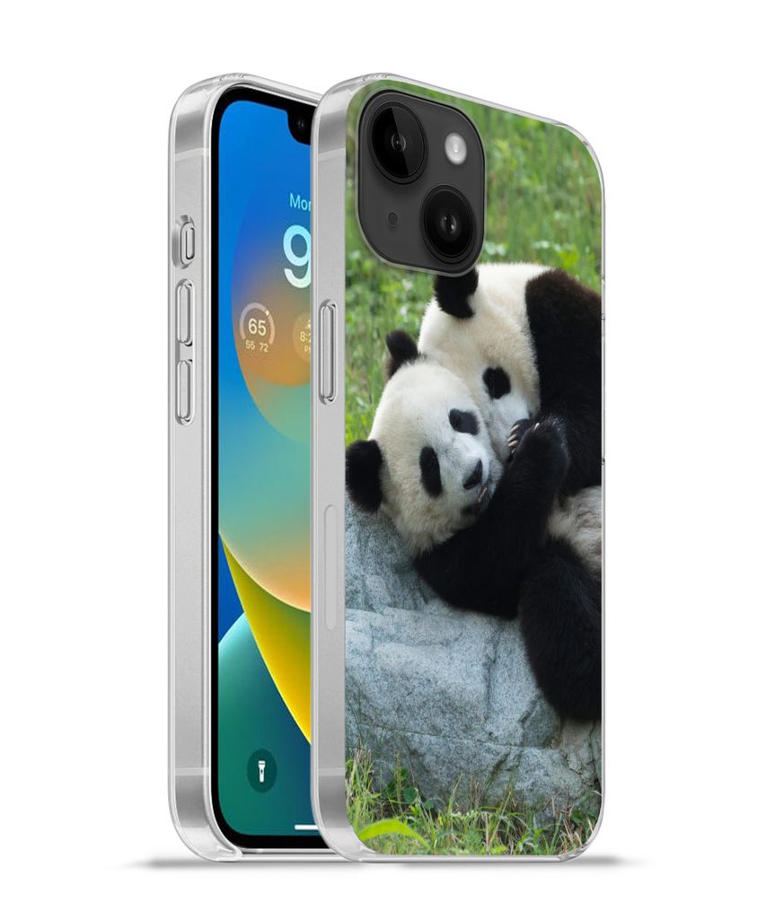 MuchoWow Handyhülle Schutzhülle Hülle für Apple iPhone 14 - Softcase Pandas - Gras - Stein Silikon Softcase Handy Hülle - Mobiltelefonhülle