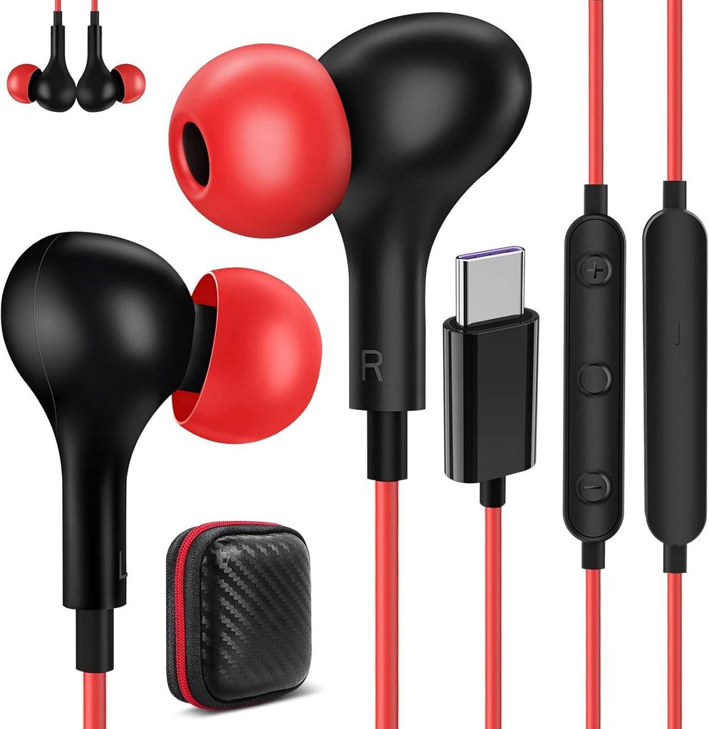 USB C In-Ear Kopfhörer mit Mikrofon, Kabel-Headset für Samsung, iPhone, Pixel, Xiaomi, Gaming, Sport & Musik, Typ-C Anschluss