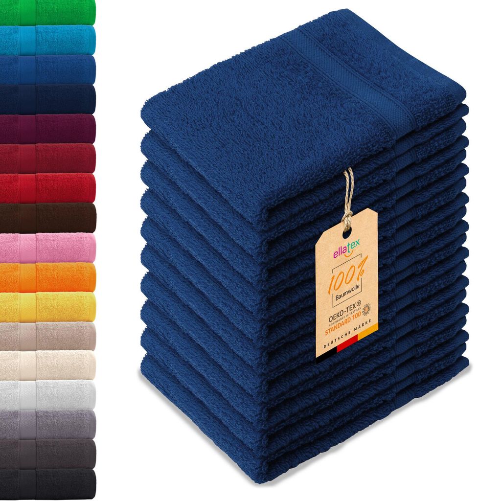 10er Pack EllaTex Gästehandtücher 30x50 cm 100% Baumwolle, 500 g/m² Handtücher Set weich saugstark Serie Paris, in Farbe: Königsblau