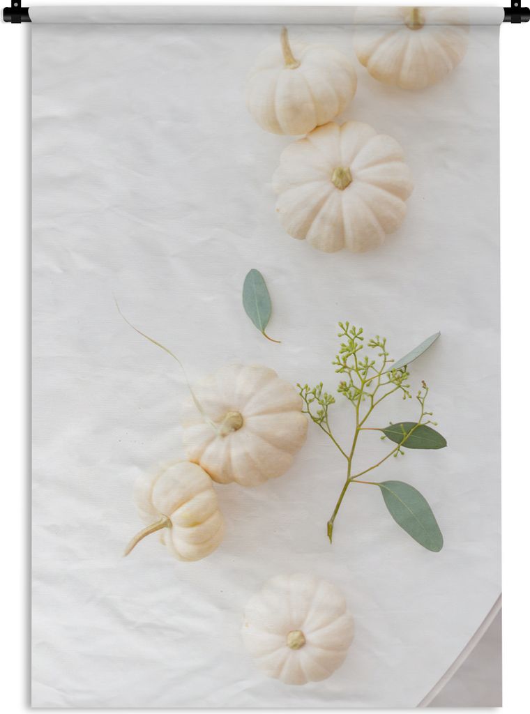 MuchoWow Wandteppich Wandbehang Kleine Kürbisse mit Eukalyptusblättern 60x90 cm Tapisserie Dekoration Wandtuch - Foto-Teppich - Abwaschbar