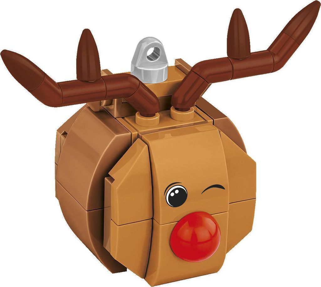 A close-up, studio shot of a Lego-style reindeer head ornament.