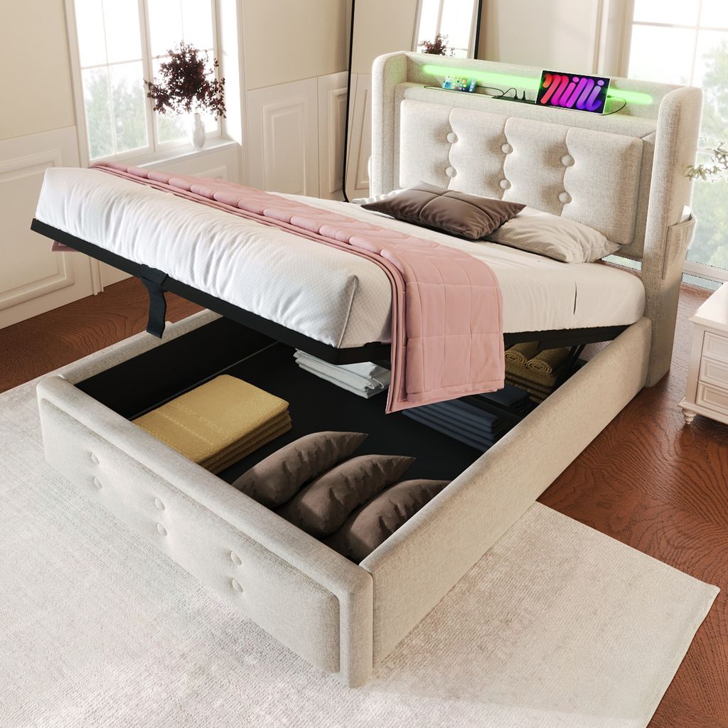 MODFU Boxspringbett Hydraulisches 90x200 cm mit LED-Beleuchtung, Polsterbett Funktionelles mit USB-Ladeanschluss, Stauraumbett mit Bettkasten Staur...