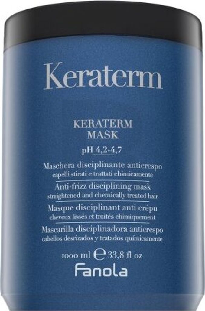 A close-up of a blue hair mask container with white text.