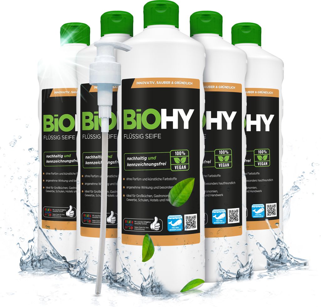 BiOHY Flüssig Seife (6x1l Flasche) + Pumpspender| Geruchsneutrale, hautschonend und rückfettend | PHOSPHATFREI | Ohne Parfüm und Farbstoffe