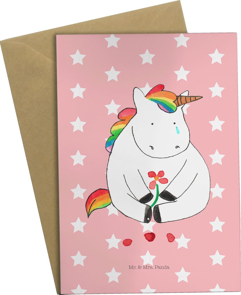 Mr. & Mrs. Panda Grußkarte Einhorn Traurig - Rot Pastell - Geschenk, einladungskarten, Trauer, Einhörner, weihnachtskarten, genesungskarte, Unico...