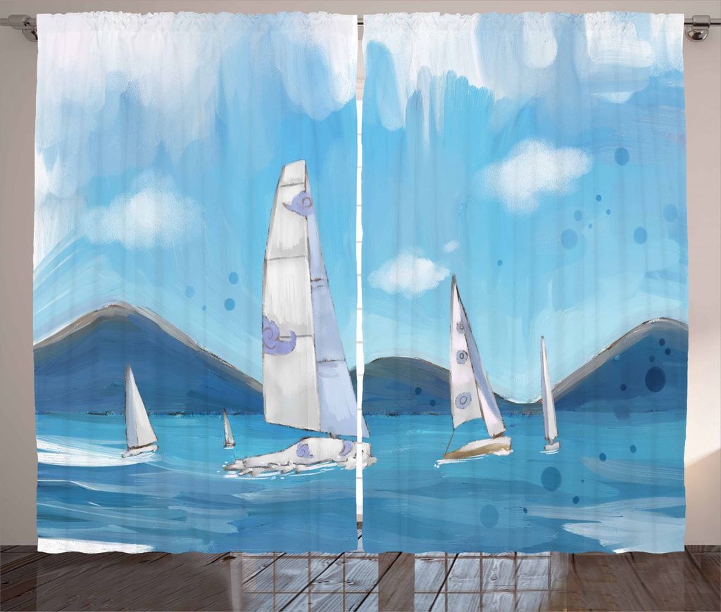ABAKUHAUS Segelboot Rustikaler Vorhang, Segeln Landschaft, Wohnzimmer Universalband Gardinen mit Schlaufen und Haken, 280 x 245 cm, Blaugrau Hellblau