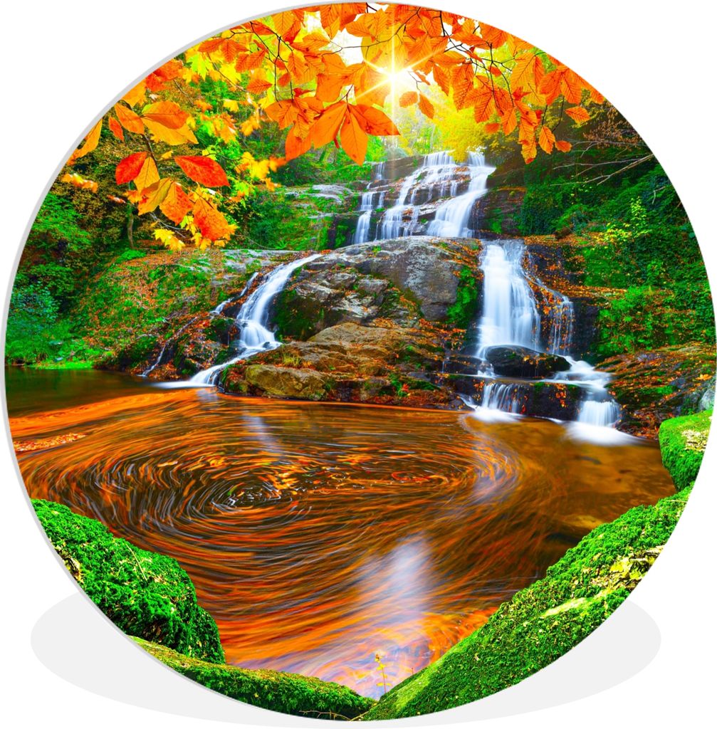MuchoWow Rundes Wandbild - Runde Bilder Natur - Wasserfall - Steine - Moos - Blätter - Grün Ø 90 cm Kreis Wanddekoration Kunststoff - Wandkrei...