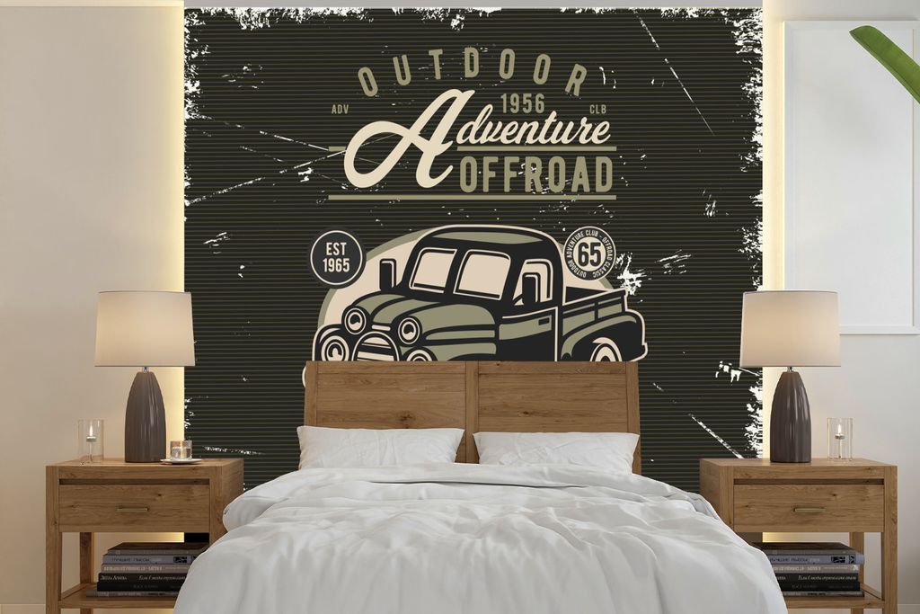 MuchoWow Fototapete für Wohnzimmer oder Schlafzimmer Wandtapete Vinyl Motivtapete Auto - Retro - Briefe - Zeichnung - 280x280 cm - Hintergrundbild