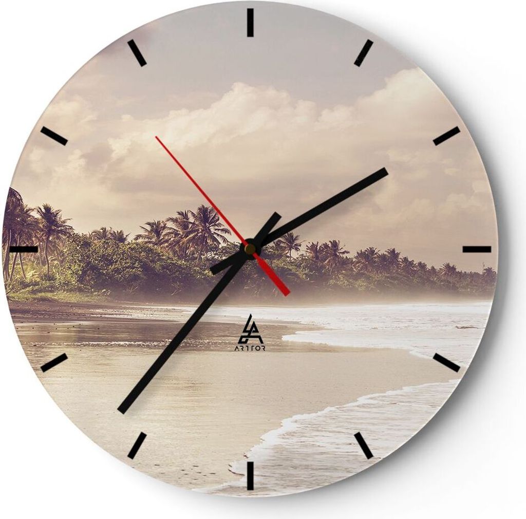 Wanduhr - Rund - Glasuhr - Palmen Strand Wasser - 40x40cm - Schleichendes Uhrwerk - Lautlos - zum Aufhängen bereit - Dekoration Modern - Wanddekor...