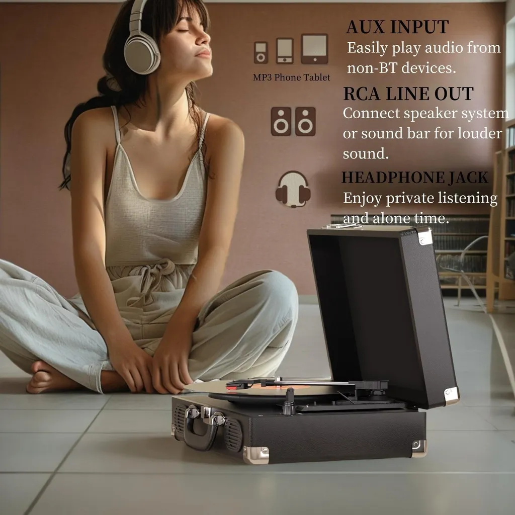 Tourne-disque rétro noir à haut-parleurs intégrés et Bluetooth sans fil