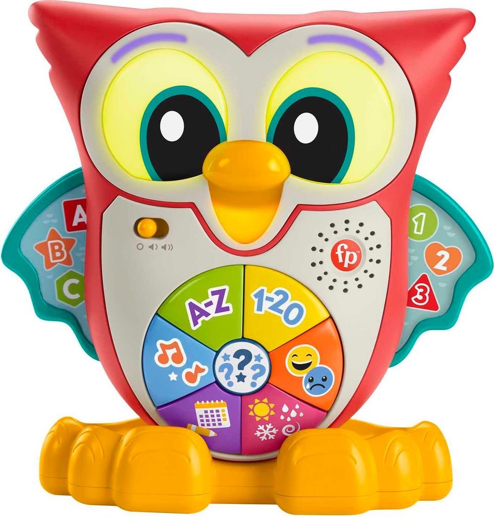 A Fisher-Price BlinkiLinkis Schlaue Eule Lernspielzeug, a toy owl, is shown against a white background.