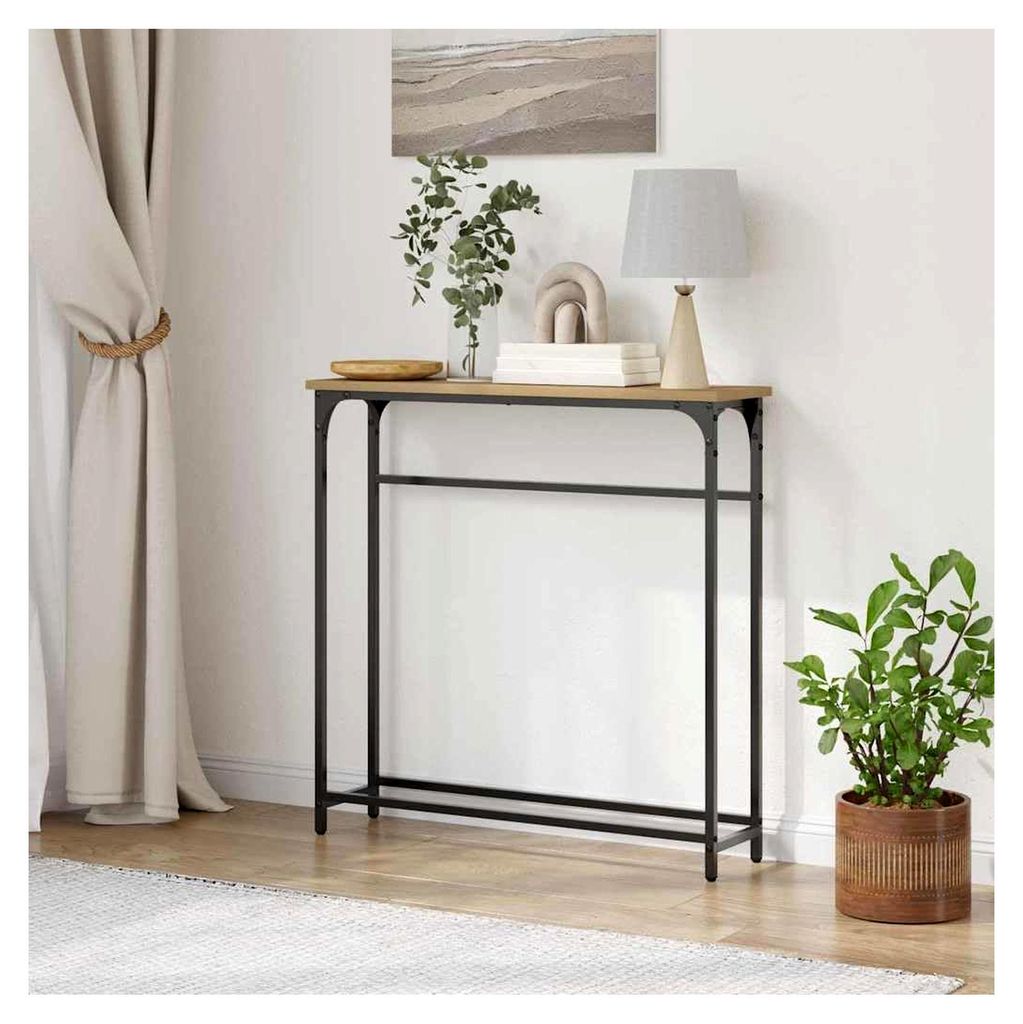 Konsolentisch mit Regal aus Schichtholz, 75x19,5x75 cm, Eiche für Flur und Wohnzimmer, stabiler Beistelltisch mit Ablage