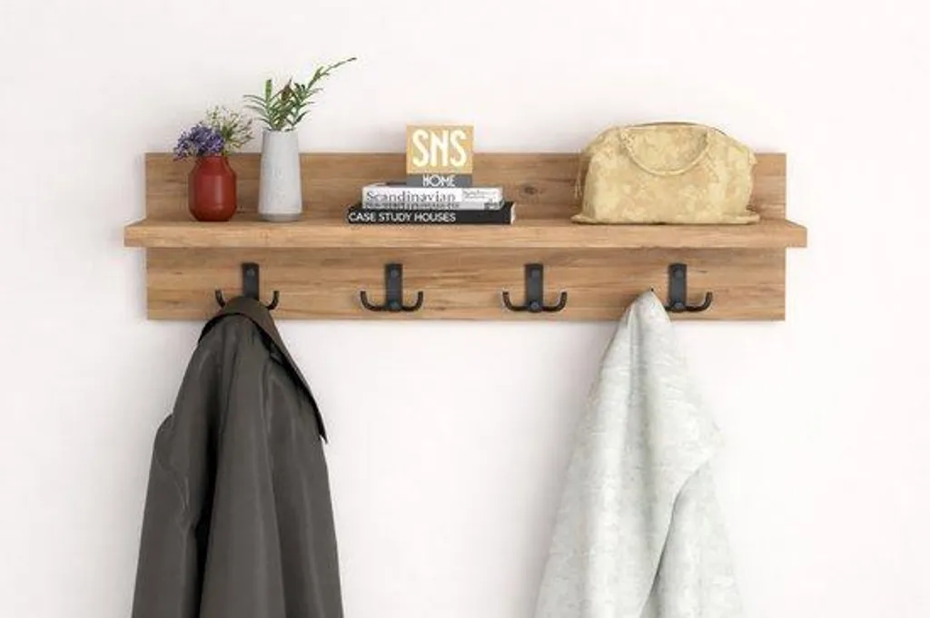 Étagère portemanteau murale pour entrée étroite finition pin naturel 60cm