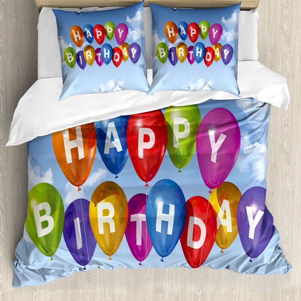 ABAKUHAUS Geburtstag Bettbezugs Set Für Doppelbetten, Ballons Buchstaben Himmel, Milbensicher Allergiker geeignet mit Kissenbezügen, Mehrfarbig