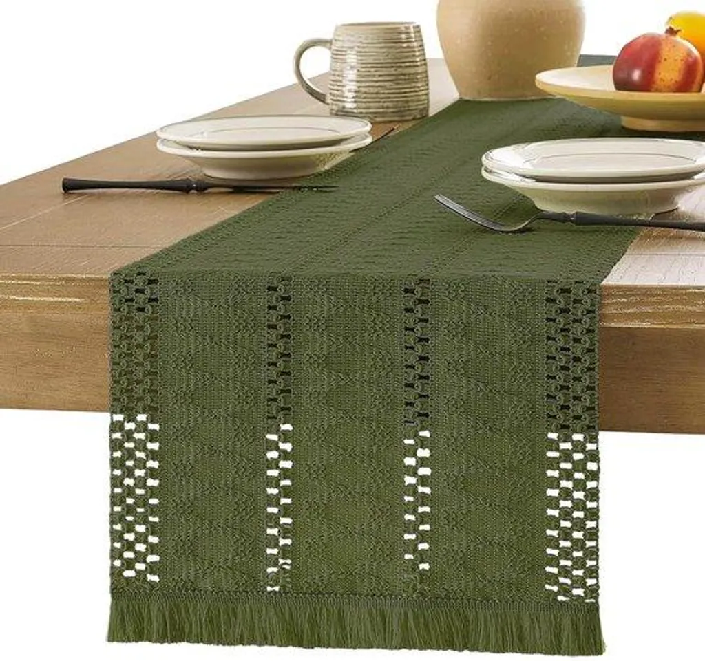 Nappe de table rectangulaire style bohème tissée - Lin et coton vert