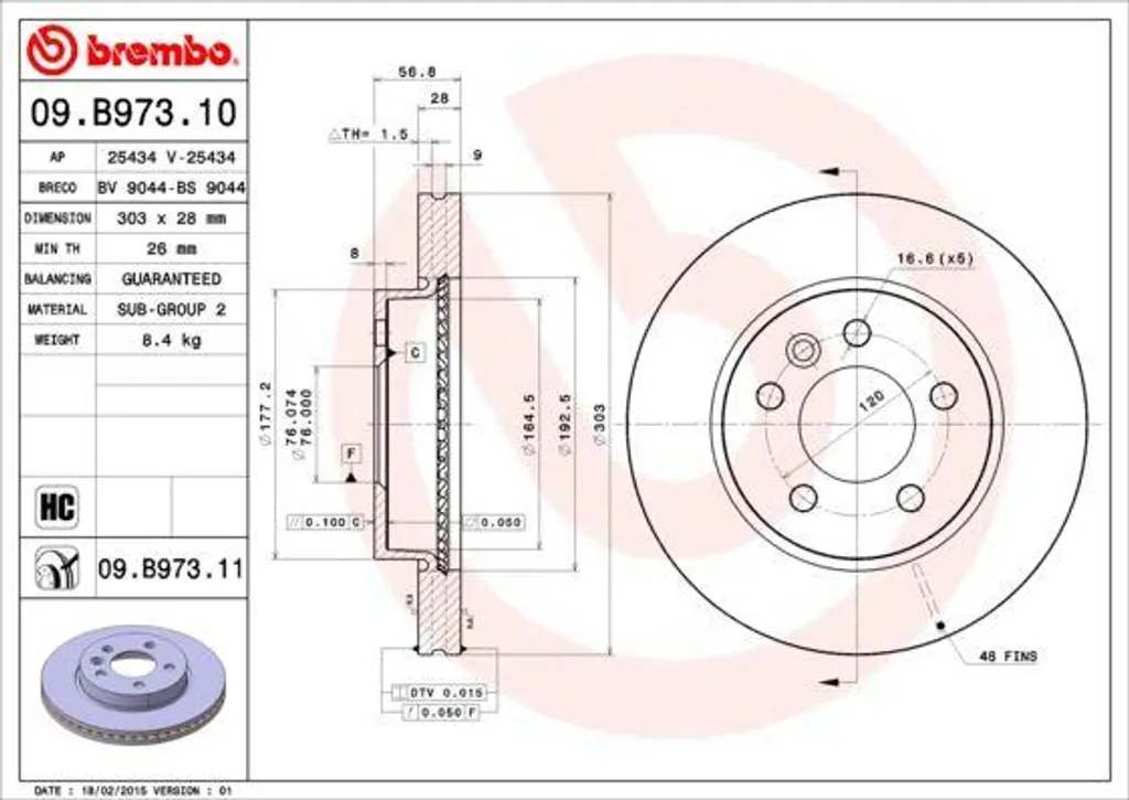 Disque de Frein Ventilé Brembo 09.B973.11 compatible Amarok Pick-up