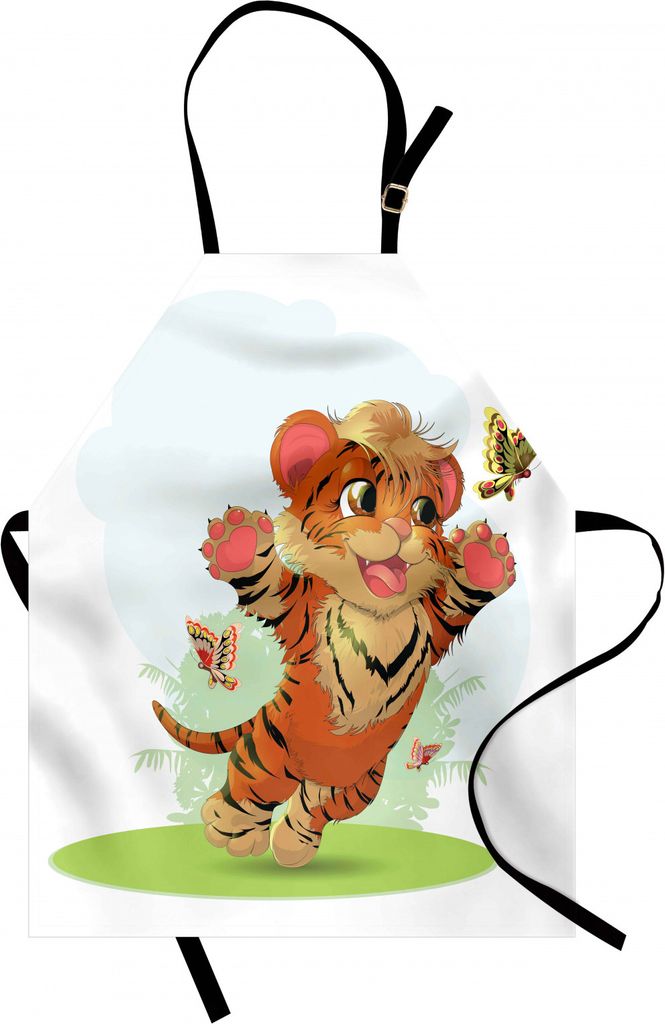 ABAKUHAUS Karikatur Kochschürze, Cub Spielen mit Schmetterlingen in der Wiese Joyful Lively Baby Tiger Cat, Farbfest Höhenverstellbar Waschbar Kl...