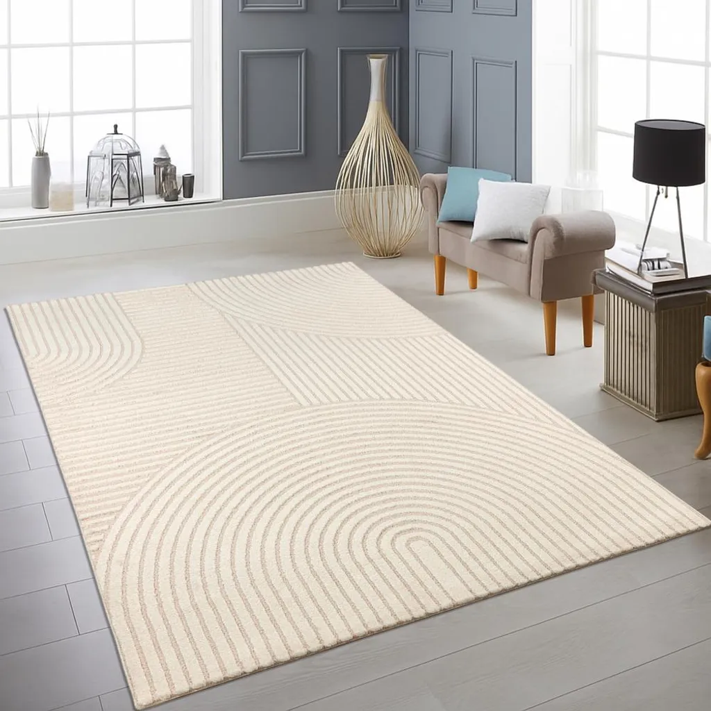 Tapis crème anti-taches 240x340 cm relief 3D pour salon moderne chic