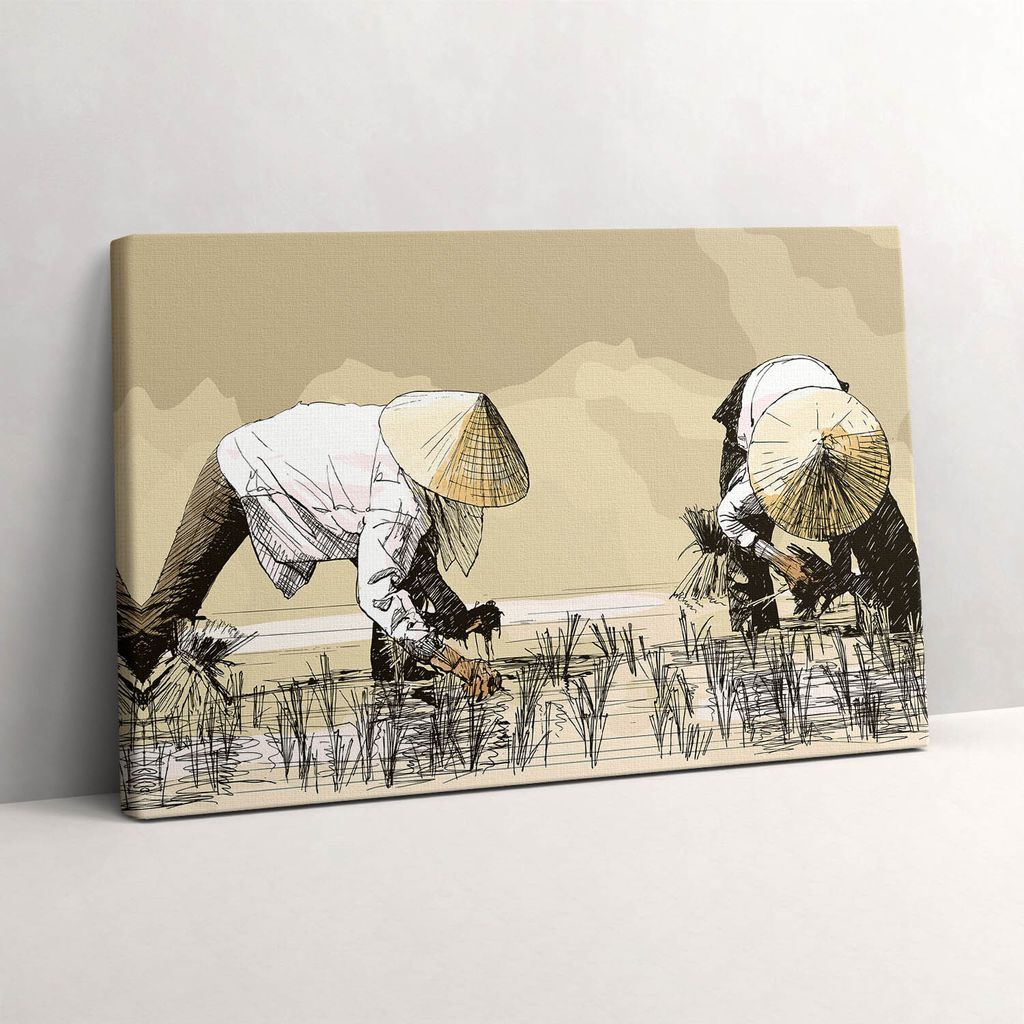 Zwei Frauen bei der Reisernte in Asien – Leinwandbild Wandbild – 30x20 cm – Leinwandbilder – Wandbilder – Schlafzimmer – Flur