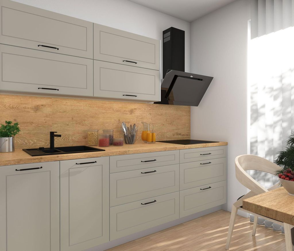 Modulare Küchenzeile KVANTUM Küchenblock 240cm Farbe & Ausführung wählbar HETTICH InnoTech Atira Vollauszug vanille matt grau