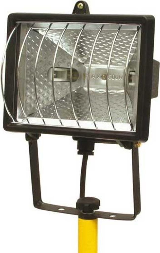 A halogen spotlight mounted on a yellow tripod stand.