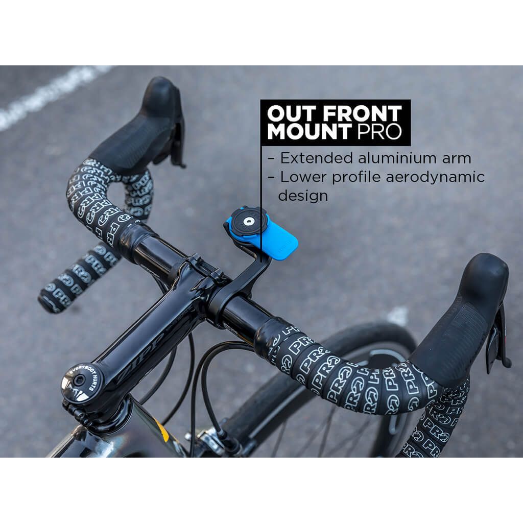 A close-up view of a bicycle's handlebars with a mounted accessory.
