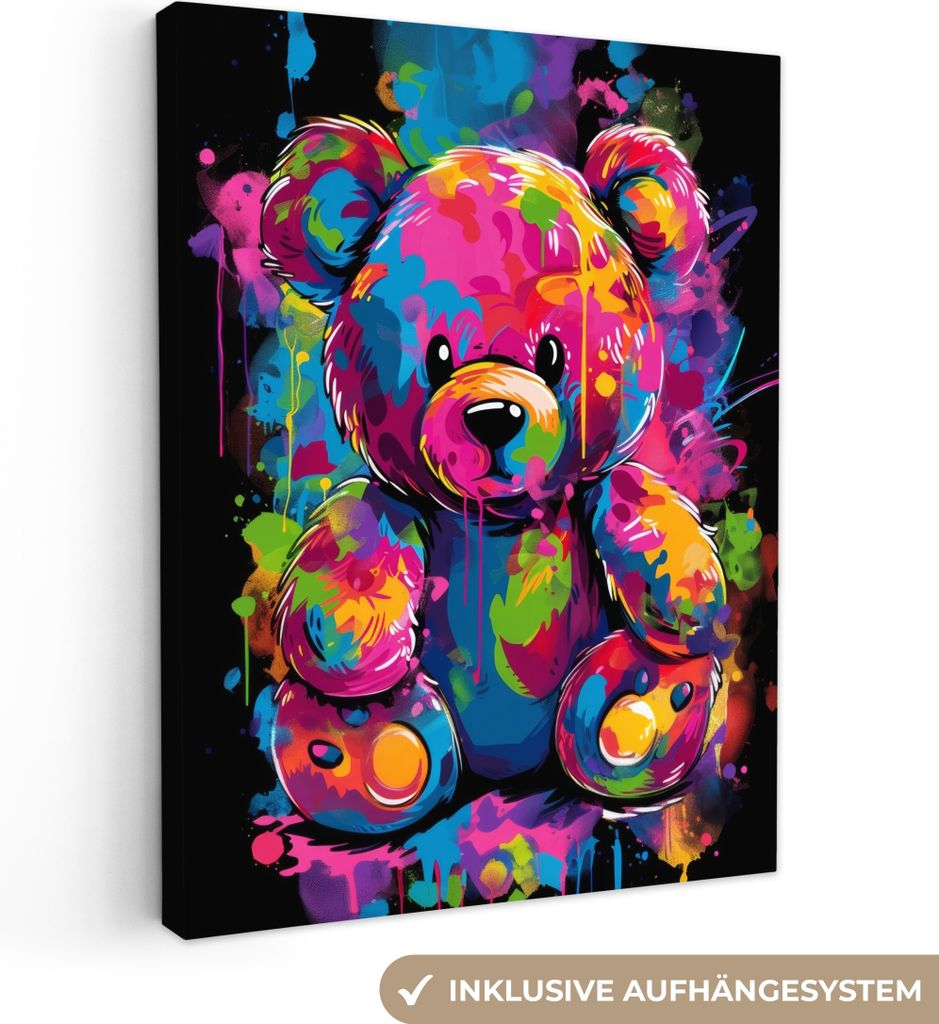 MuchoWow - Leinwandbilder - Bär - Farbe - bunt - Plüschtier, Wandbild, Wanddeko Bilder Wohnzimmer, 90x120 cm