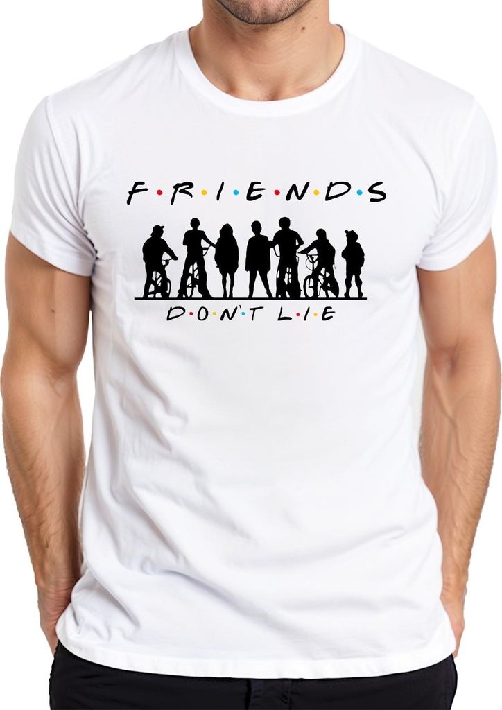 FRIENDS DON'T LIE Stranger Kids Fahrräder 80er Retro Hawkins Elf Herren T-Shirt, Weiß, XXL
