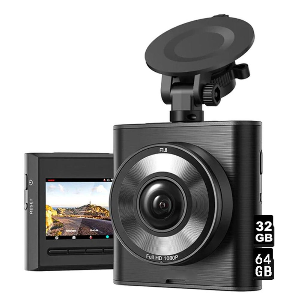 A dashcam and its accessories are displayed against a white background.