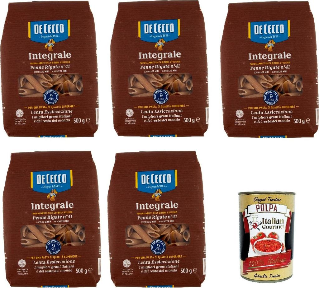 De Cecco Integrale Penne rigate N° 41, Pasta integrale, Vollkornnudeln, 5x 500g + Italian Gourmet polpa 400g