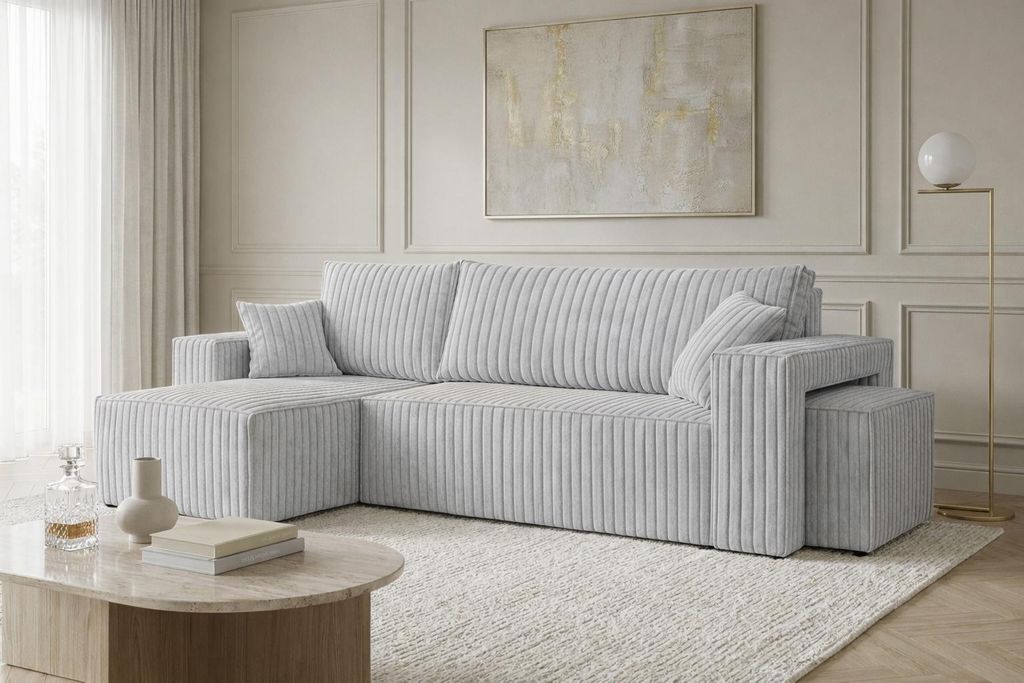 Kaiser Möbel Ecksofa mit Schlaffunktion und Pouf, Cordstoff Tilia, Grau, Links, BEST L mit Pouf