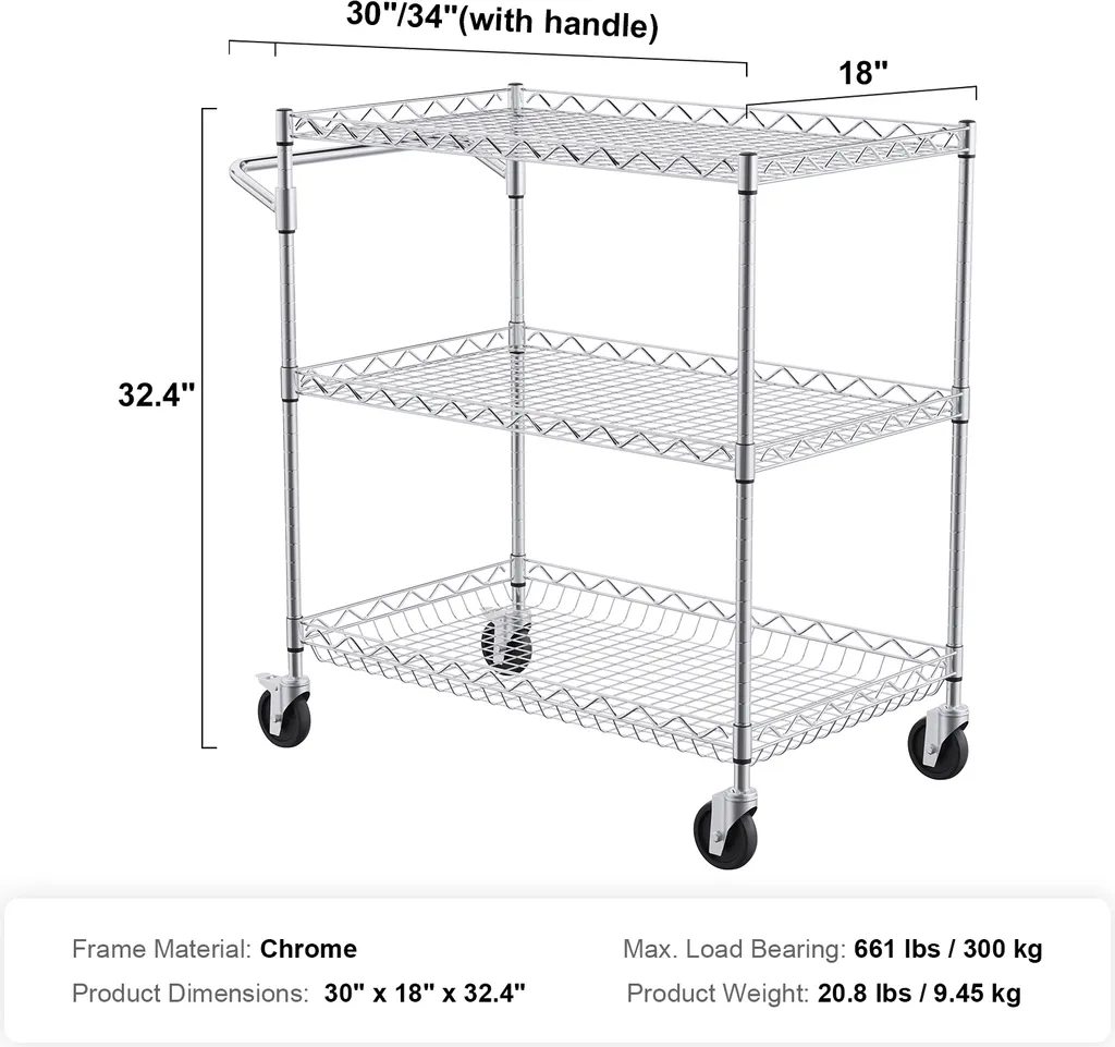 Carrello da cucina SucceBuy, 3 livelli, carrello in filo metallico con capacità di carico di 290 kg, carrello di servizio in acciaio su ruote, carrello di stoccaggio in metallo con cesto profondo 80 mm, manico curvo - 7