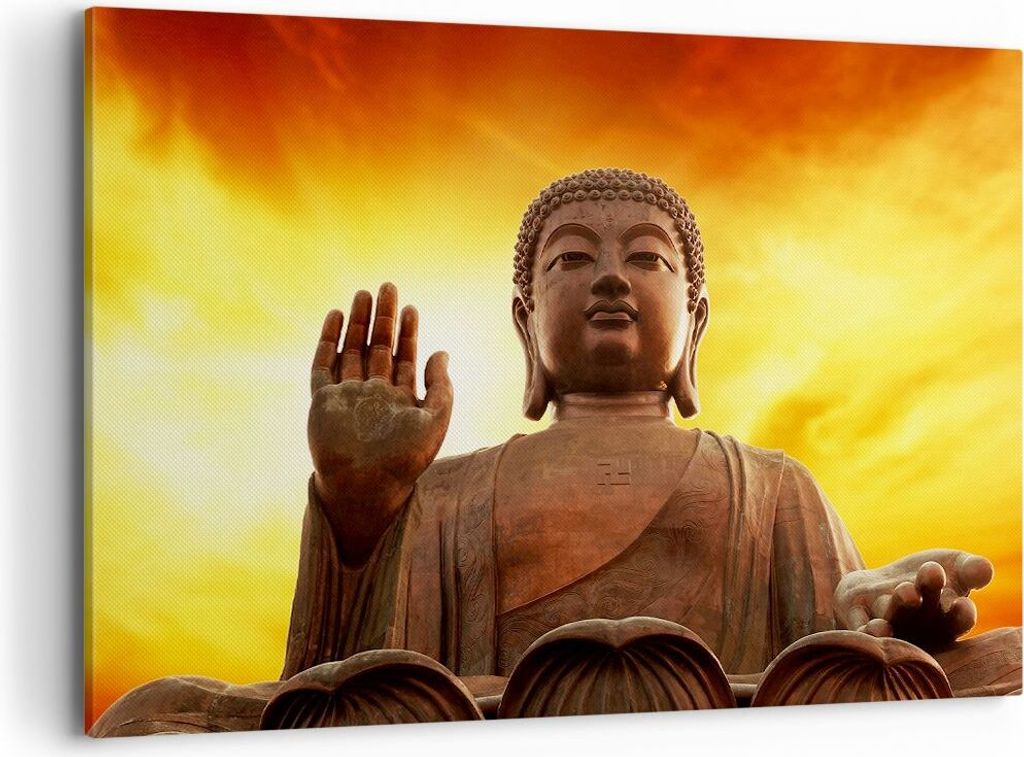 Bild auf Leinwand - Leinwandbild - Buddha Stein Sonnenuntergang - 120x80cm - Wand Bild - Wanddeko - Leinwanddruck - Bilder - Kunstdruck - Wanddekor...