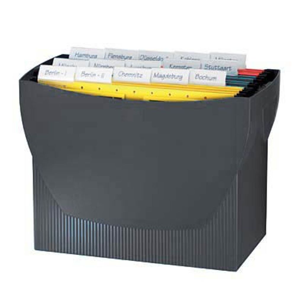 A black hanging file box filled with various colored hanging files and document tabs.